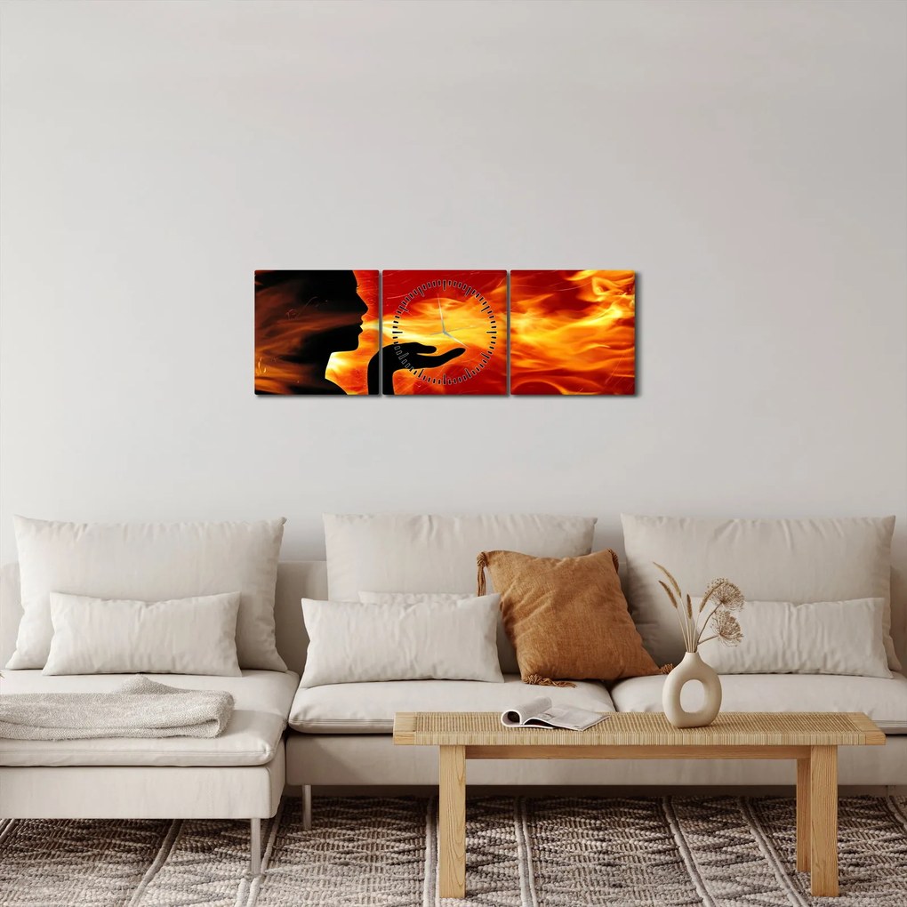 Obraz kobiety z płomieniami (z zegarem) (90x30 cm)