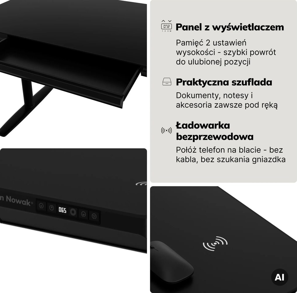 Biurko elektryczne sit-stand z szufladą i ładowarką bezprzewodową Qi czarne, 1600 mm: ELLIS