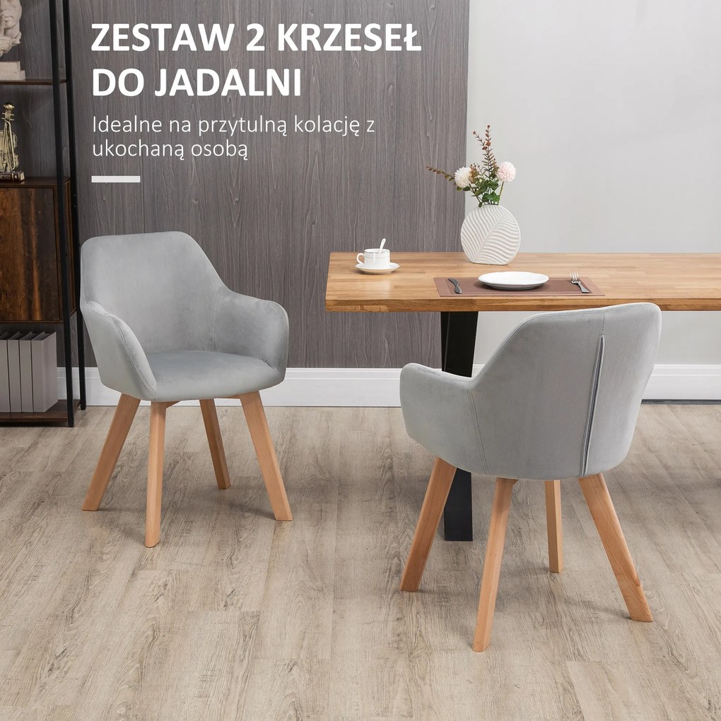 HOMCOM Zestaw 2 krzeseł do jadalni tapicerowanych aksamitnych z drewnianymi nogami szare | Aosom PL