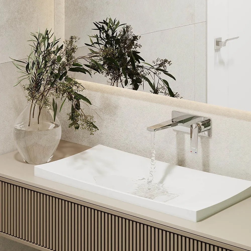 Umywalka wpuszczana w blat biała błyszcząca z konglomeratu bez otworu na baterię OTSE | Różne rozmiary : Rozmiar - 120 x 43 cm