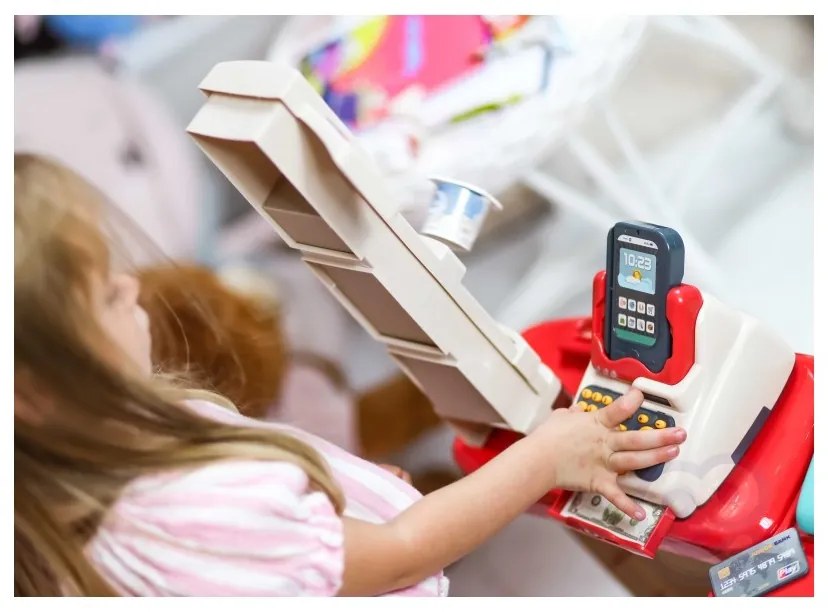 Woopie sklep supermarket z wózkiem sklepowym waga kasa skaner + 48 akc.