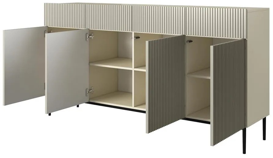 Komoda Nicole 200 cm czterodrzwiowa z szufladami z ryflowanym frontem - kaszmir / czarne nóżki