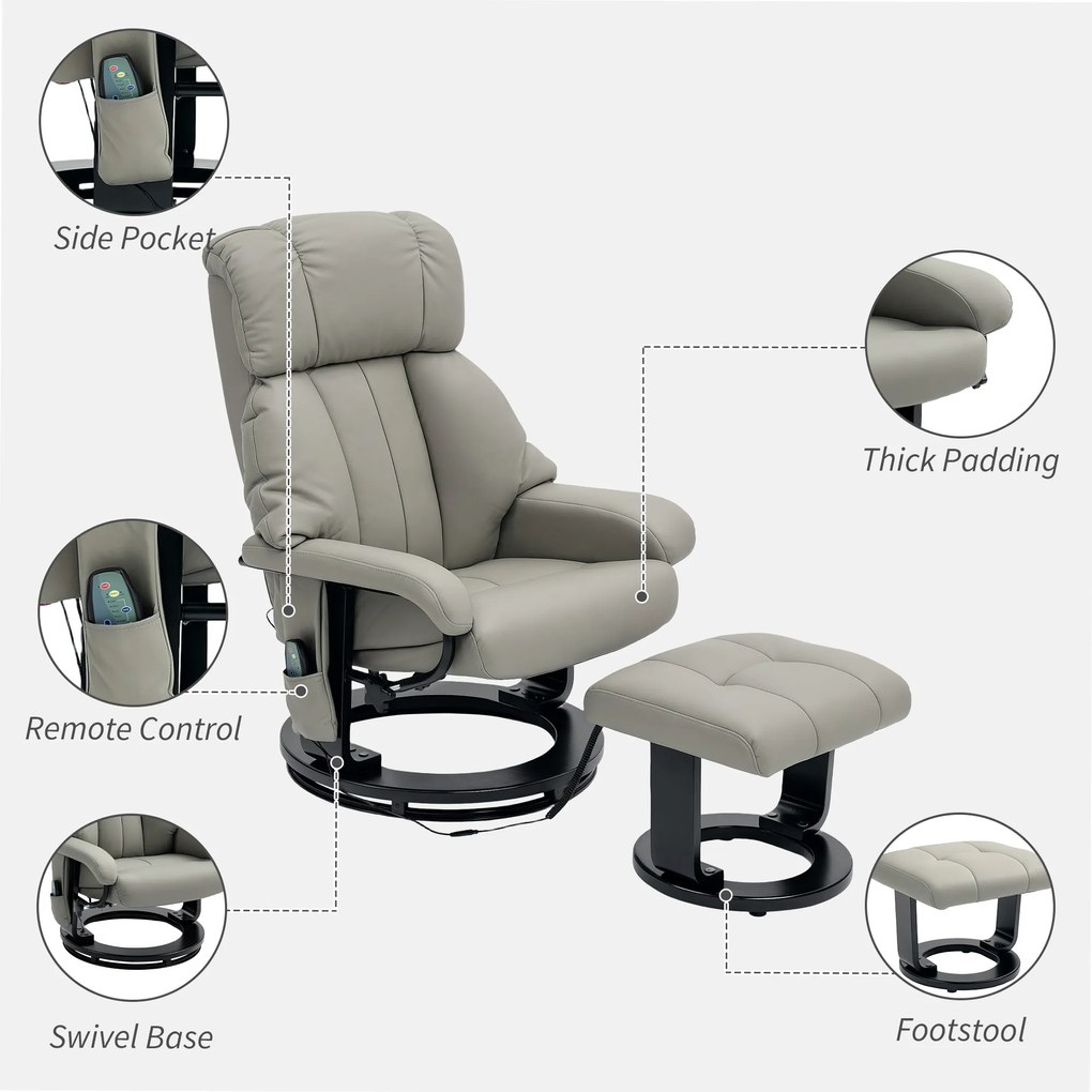 HOMCOM Fotel Relaksacyjny z Funkcją Masażu, Telewizyjny Fotel z Boczną Kieszenią, Skóra Ekologiczna, Szary