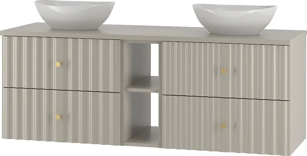 Kaszmirowy Zestaw Łazienkowy 140cm Szafka z Blatem Umywalka Regał Ryflowane Fronty Aqua