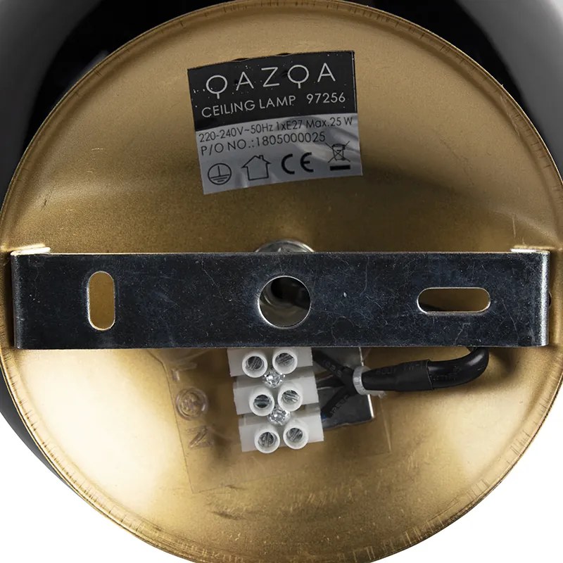 Lampa sufitowa art deco mosiądz z czarnym szkłem - Pallon