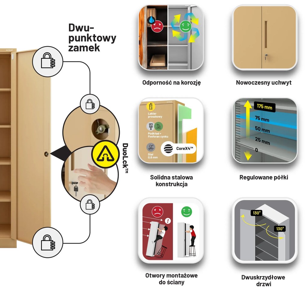 Szafa na dokumenty biurowa metalowa beżowa: Fresh Style JAN H, 900 x 1950 x 400 mm