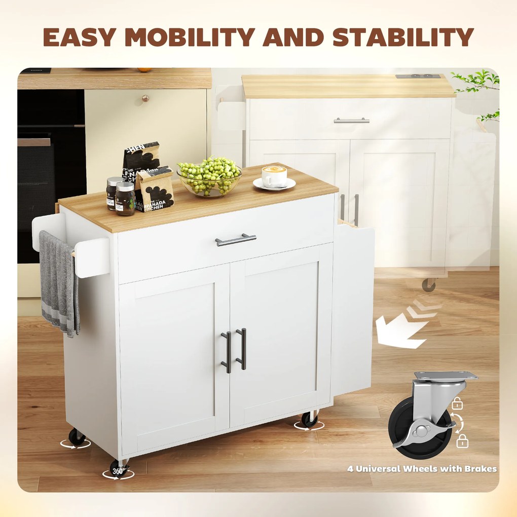 HOMCOM Wyspa kuchenna, wózek na kółkach z rozkładanym blatem, szuflada, półka, 120 x 68 x 85 cm, Biały