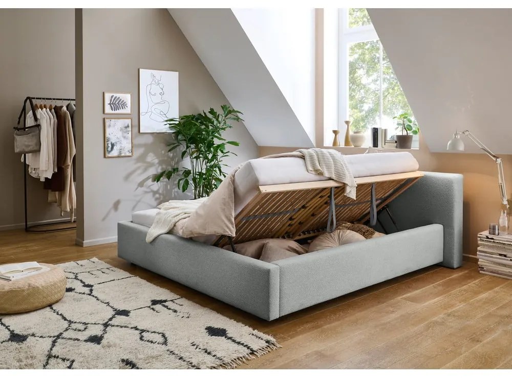 Szare tapicerowane łóżko dwuosobowe ze schowkiem i stelażem 140x200 cm Cube – Meise Möbel