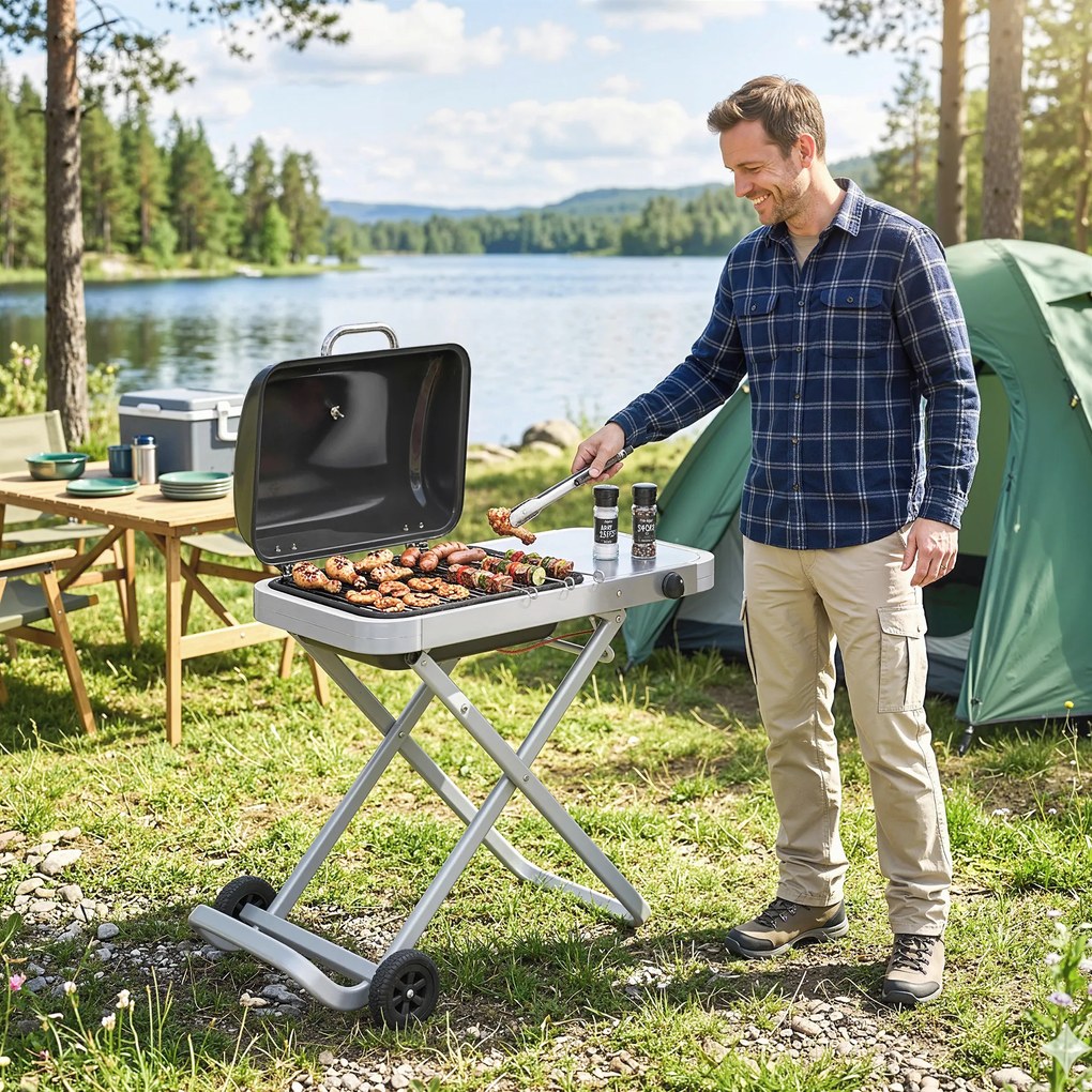 Outsunny Przenośny grill gazowy 1-palnik 2,5kW wózek grillowy mit składanym podwoziem, ruszt, boczna półka, pokrywa, termometr | Aosom PL