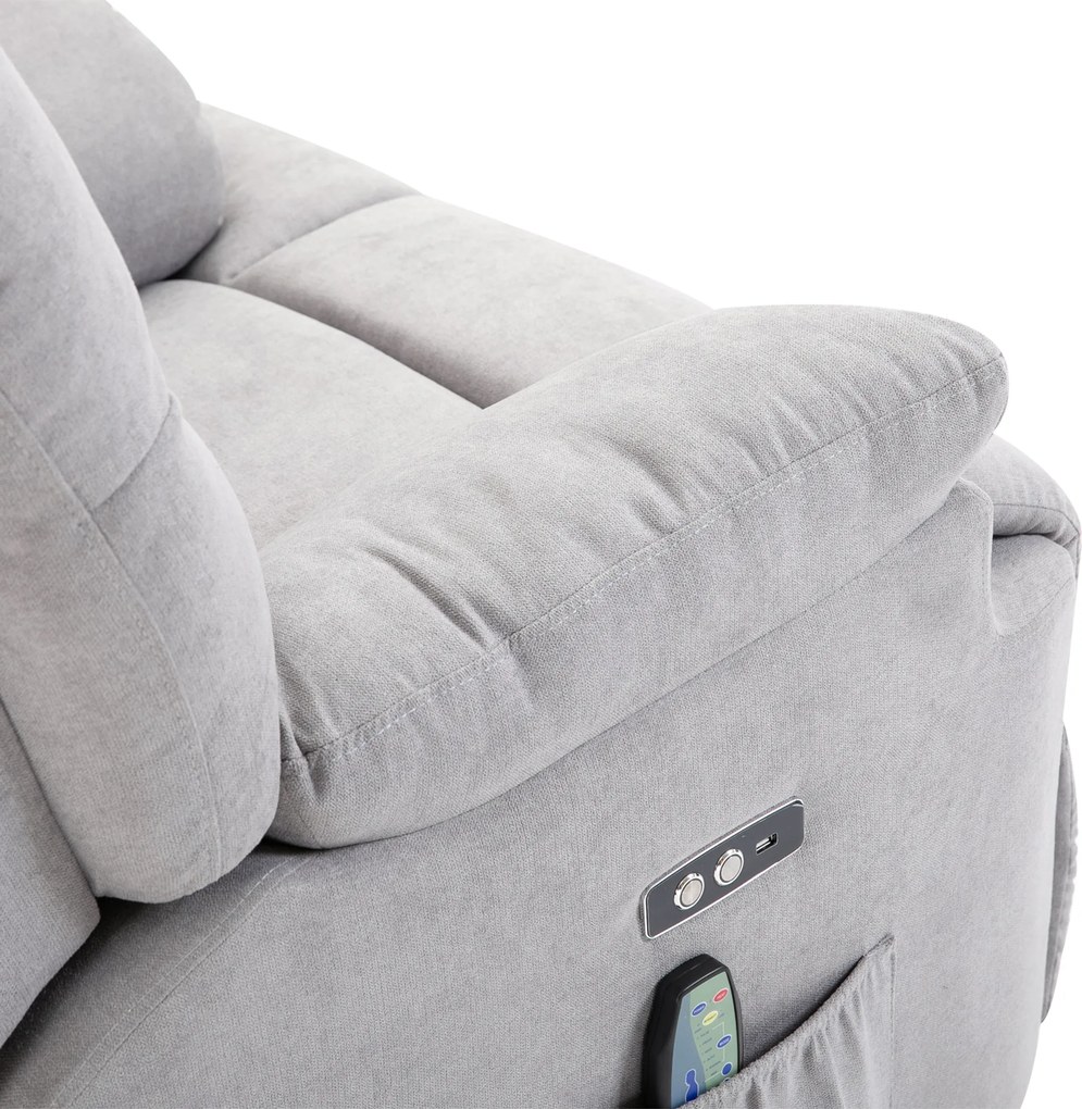 HOMCOM Fotel do masażu z funkcją wstawania i ogrzewania regulowany kąt nachylenia z pilotem szary pluszowy | Aosom PL