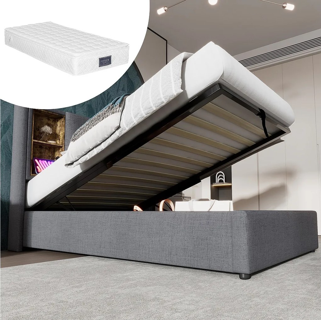 Łóżko tapicerowane ze schowkiem - 90 x 200 cm - Materac + Zagłówek z USB - Tkanina bawełniana - Szary