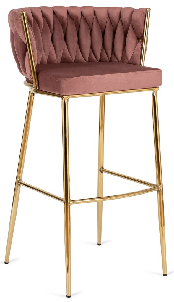 Krzesło Barowe Tapicerowane Plecione Hoker FLORES 2 Różowe Welurowe Nowoczesne Loft