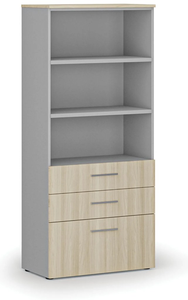 Szafa biurowa z kombinowanymi szufladami PRIMO GRAY, 800 x 420 x 1781 mm szary/dąb naturalny