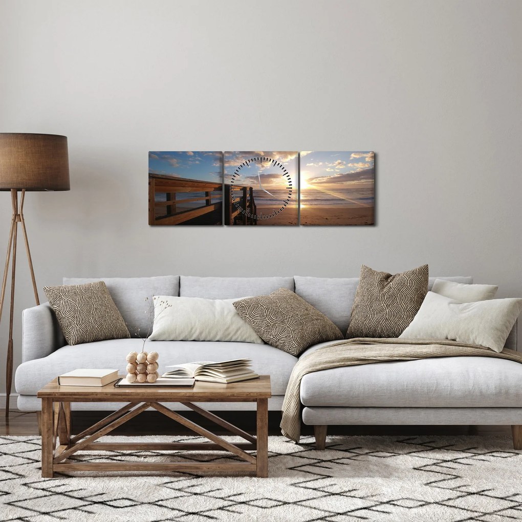 Obraz molo, plaży i morza (z zegarem) (90x30 cm)