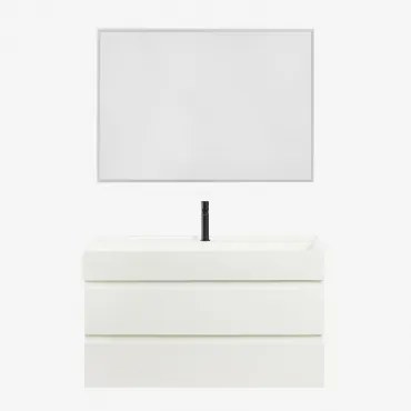 Zestaw Wiszących Mebli Łazienkowych Z Drewna I Forniru Jesionowego Zintegrowany Z Umywalką Ona Biała & Prostokątna - Sklum