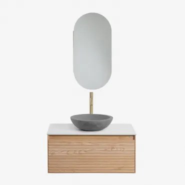 Zestaw Wiszących Mebli Łazienkowych Z Drewna Jesionowego Tedrik Popielaty Brąz & Okrągły Szary Cement Ø40 Cm Tarsis - Sklum