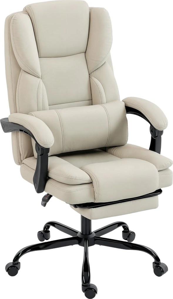 HOMCOM Fotel biurowy z ekoskórą przyjazną zwierzętom, podnóżek, regulacja wysokości, na kółkach, Beżowy
