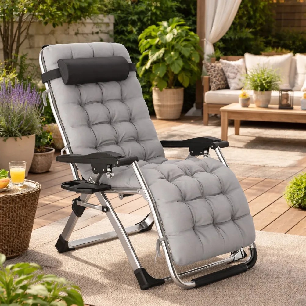 Leżak ogrodowy składany Solano TDC01 z poduszką i uchwytem na napoje, szary