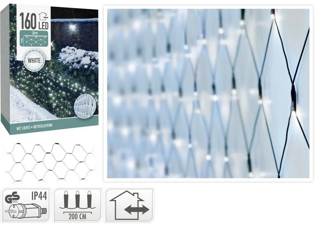 Zewnętrzna sieć świetlna, 200 x 100 cm, 160 diod LED, zimna biała, IP44, 2 m