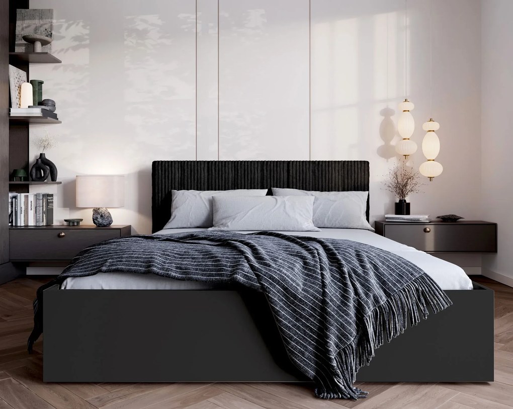 Czarne łóżko z tapicerowanym zagłówkiem 120x200 F9-H50