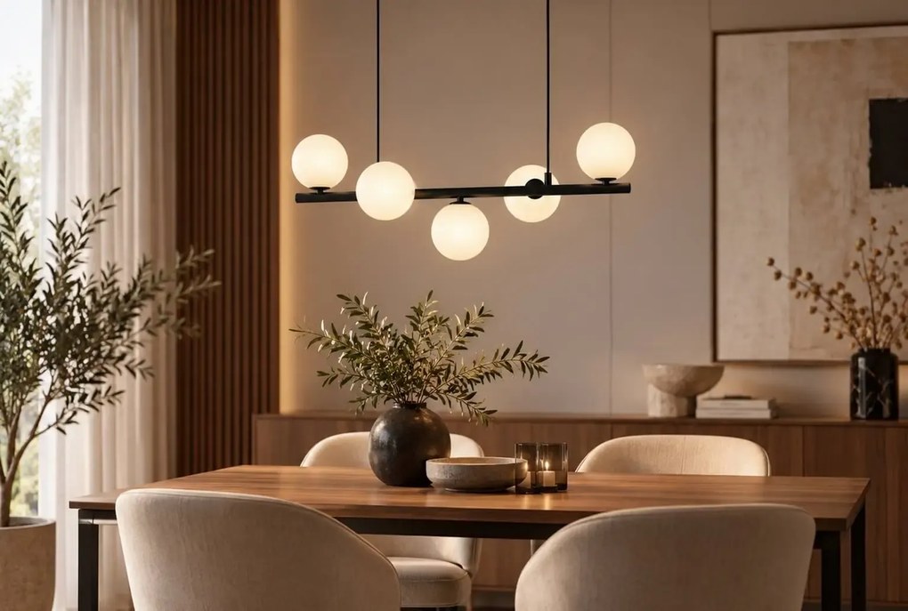 Ardi Black 5 – czarna lampa wisząca nad prostokątny stół