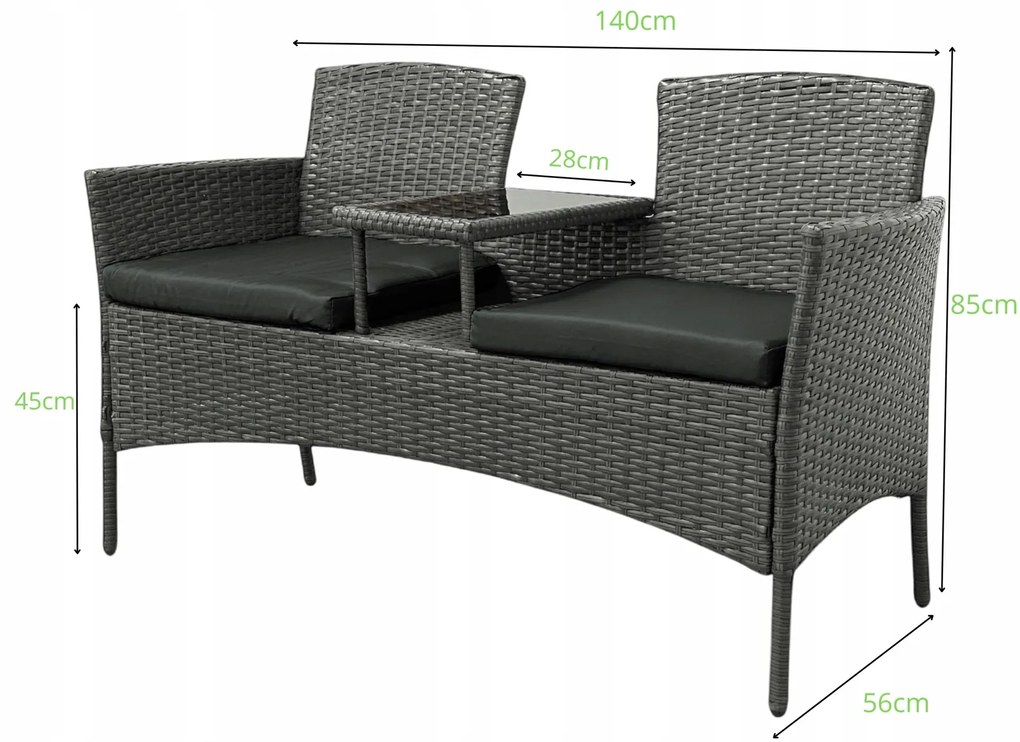 Meble ogrodowe Ratina, dwuosobowa sofa ze stolikiem, kolor jasny brąz, poduszki szare