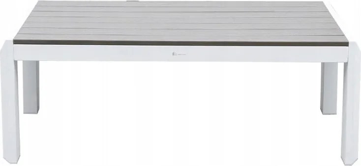 Zestaw mebli ogrodowych biały aluminium sofa fotele stolik drewniane detale