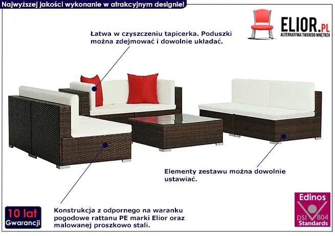 7-częściowy zestaw ogrodowy brązowo-śmietankowy z czerwonymi poduszkami - Merido 7B