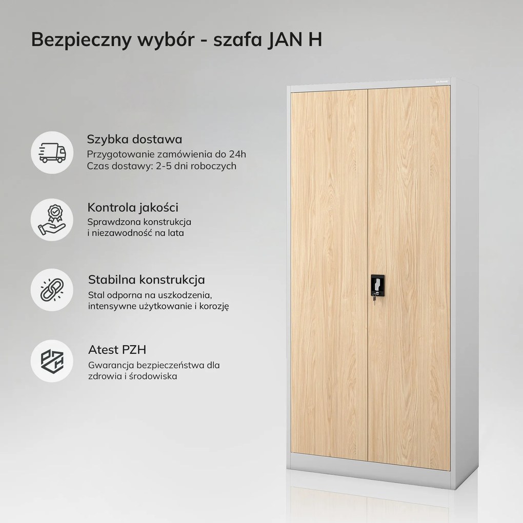 Szafa biurowa metalowa wysoka na dokumenty szara/dąb sonoma, 900x1950x400 mm: JAN H Eco Design