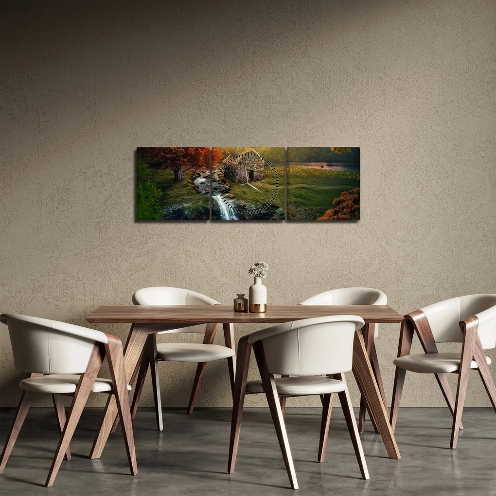 Obraz domku w bajkowym krajobrazie (z zegarem) (90x30 cm)