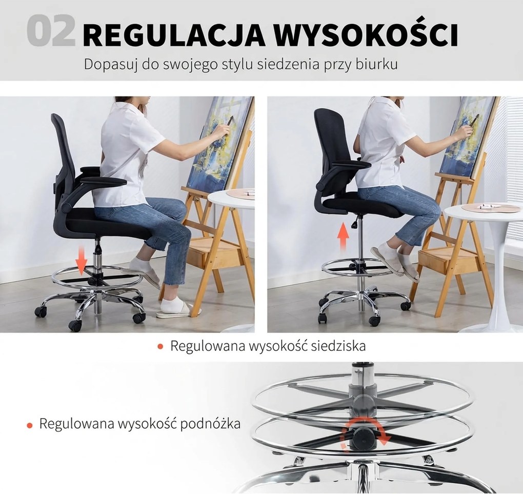 HOMCOM Krzesło do rysowania z podparciem lędźwiowym, regulacją wysokości, obrotowe, do home office, studia, projektów artystycznych, czarne