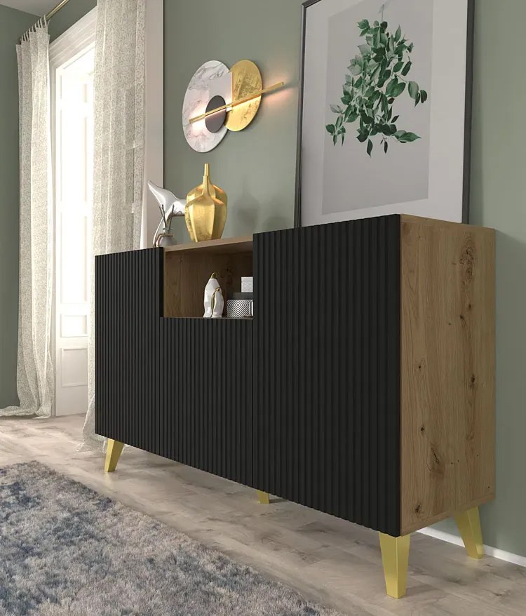Komoda z lamelami dąb artisan + czarny L6-S70