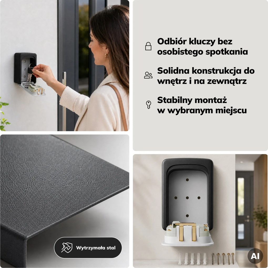 Skrzynka na klucze z kodem, zewnętrzna, na ścianę, 122x87x40 mm: ARMIN