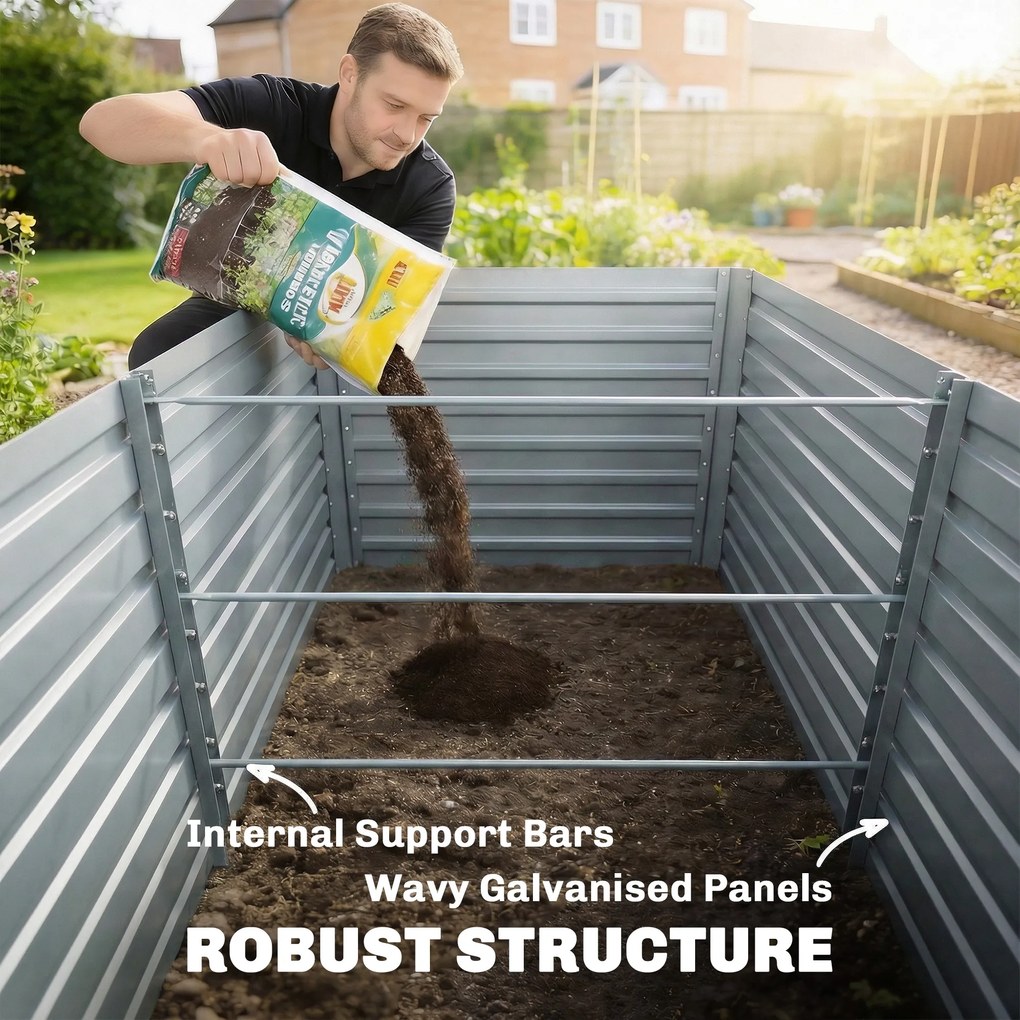Outsunny zestaw dwóch ocynkowanych podwyższonych grządek, 180 x 90 x 60 cm, metalowe grządki z bezpiecznymi krawędziami, srebrny | Aosom PL