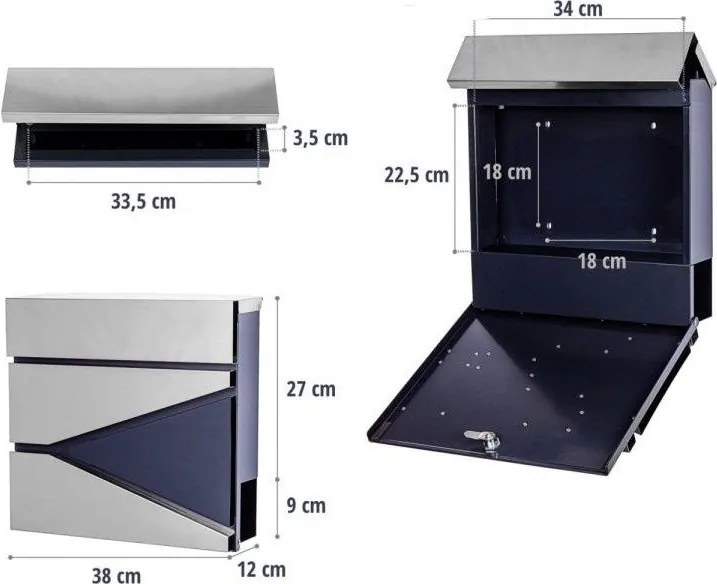 STILISTA Skrzynka na listy ze stojakiem, stal, 37 x 10,5 cm