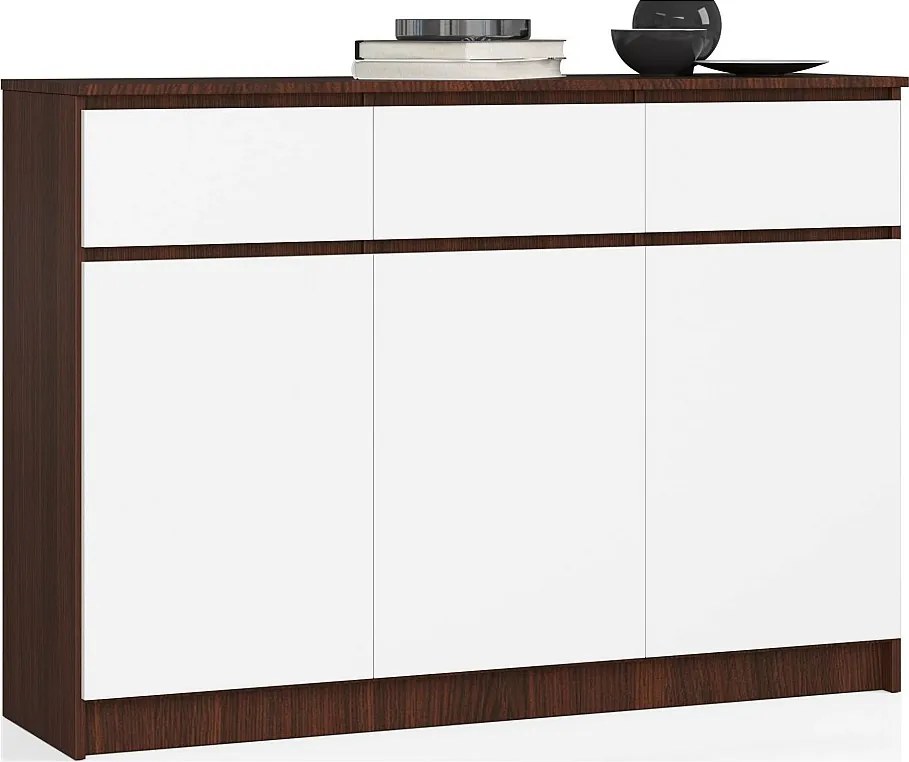 Komoda AKORD K140 Wenge 138 cm 3 drzwi 3 szuflady kolor Biały mat 6 półek 138x40x99 cm