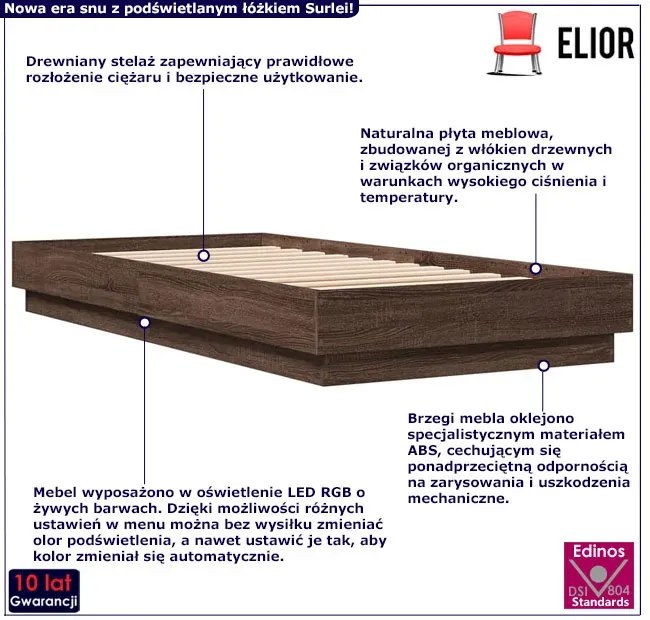 Nowoczesne łóżko z oświetleniem LED brązowy dąb 90x200 - Irjas