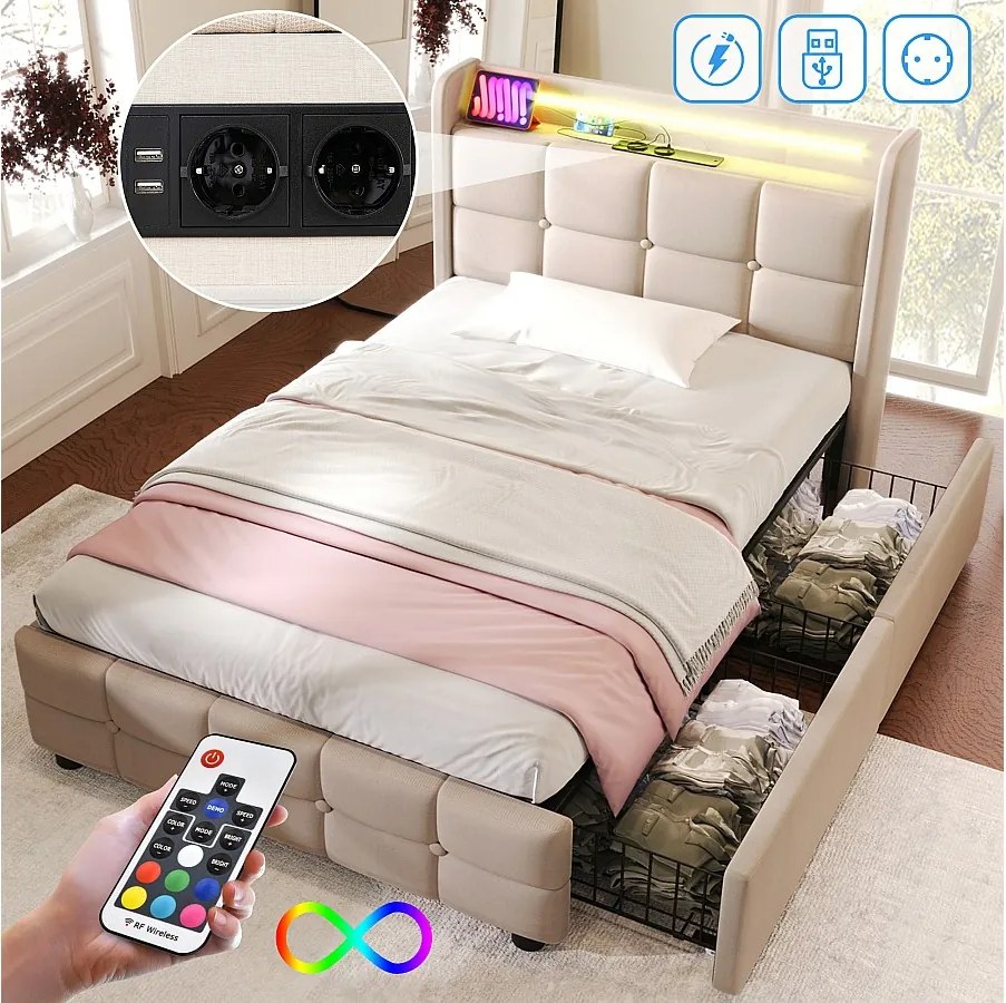 Łóżko dziecięce tapicerowane 90 x 200 cm z 2 szufladami - USB + LED - tkanina lniana - beż