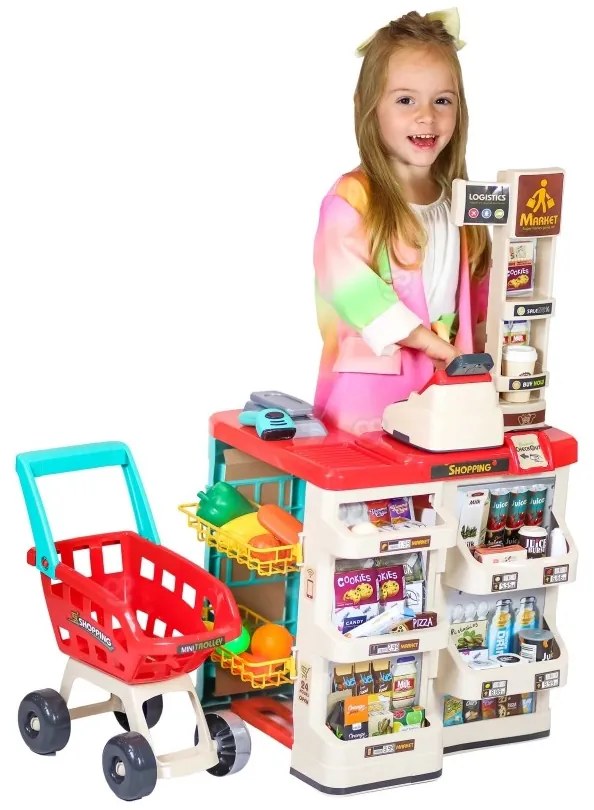 Woopie sklep supermarket z wózkiem sklepowym waga kasa skaner + 48 akc.