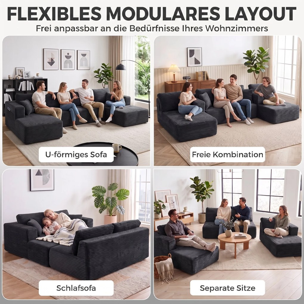 HOMCOM Modułowa sofa w kształcie U z 2 szezlongami, sztruksowa sofa rozkładana z pianką o wysokiej gęstości i sprężynowym wypełnieniem, Ciemnoszara | Aosom PL
