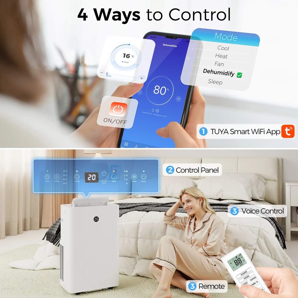 HOMCOM Przenośny klimatyzator 12 000 BTU, 4 w 1: chłodzenie, osuszanie, wentylacja, tryb snu, sterowanie WiFi i głosowe | Aosom PL