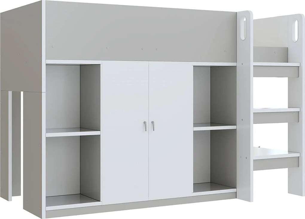 Łóżko dziecięce 90x200 cm - z szafą + półkami - z drabiną - szare (bez materaca)