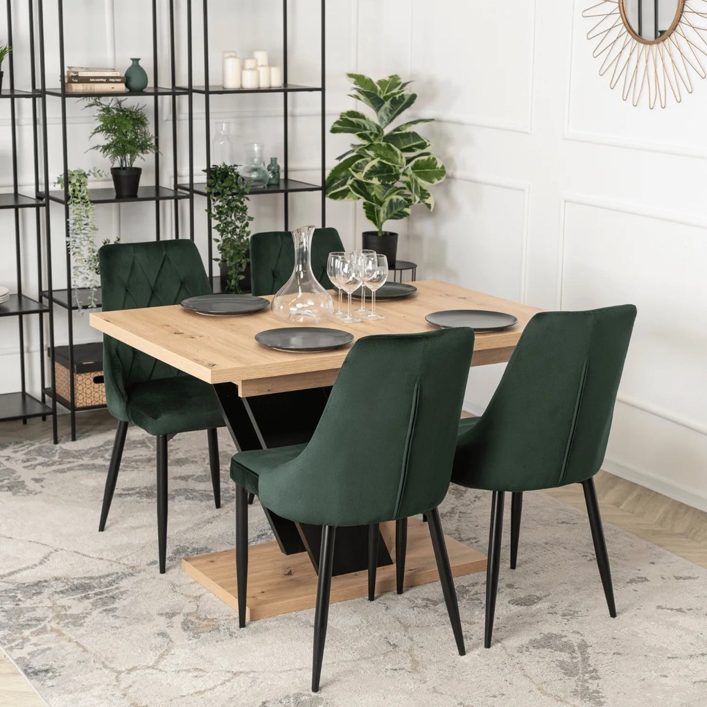 Zestaw Stół Prostokątny Rozkładany CLARK 120-160 cm Dąb Artisan/Czarny i 4 Krzesła Tapicerowane do Jadalni CORK Zielone Welurowe