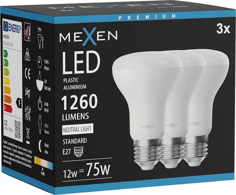 Mexen Nova 3x żarówka LED E27, R63, 12W, Neutralna - 4000K, 1260 lm - L104-E27-1240-01x03