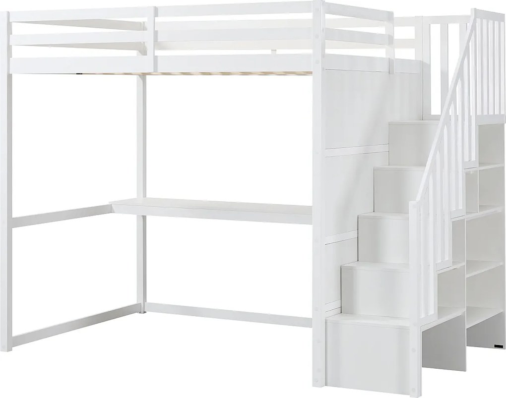 Łóżko antresola 140 x 190 cm - Sosna i MDF - Białe - Z biurkiem - MENIZI