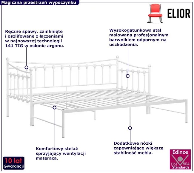 Białe rozkładane łóżko metalowe 90x200 cm - Sawga