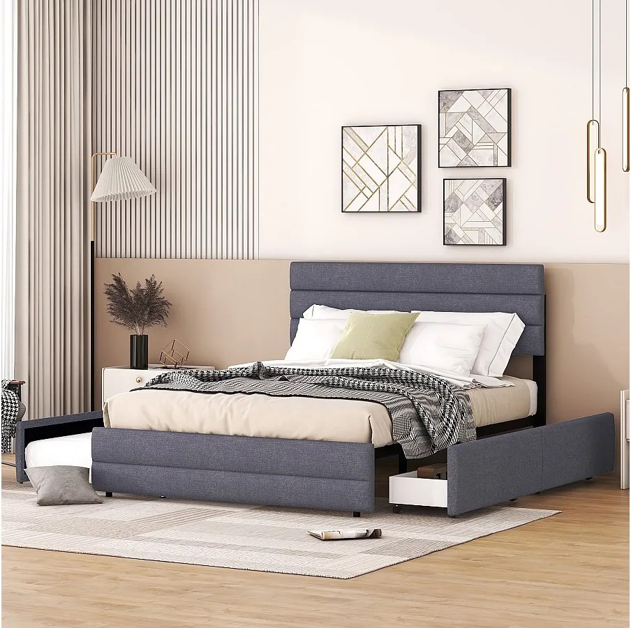 Łóżko wysuwane 140x200 cm - Łóżko małżeńskie z 2 szufladami i regulowanym zagłówkiem - len szary - materac nie jest wliczony w cenę