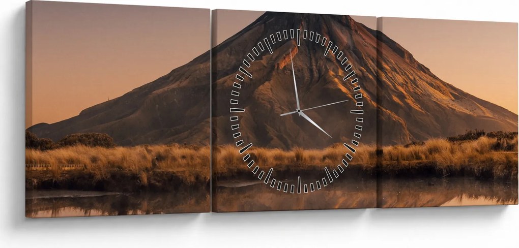 Obraz odbicia góry Taranaki, Nowa Zelandia (z zegarem) (90x30 cm)