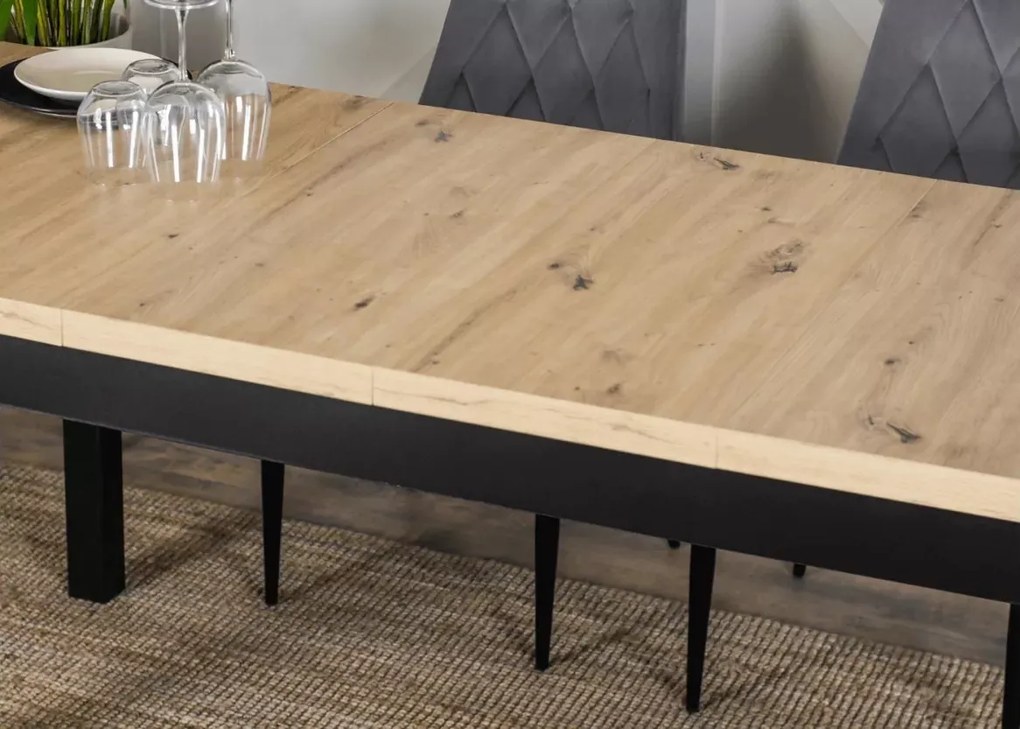 Elegancki rozkładany stół Dritto 160-230x80 do jadalni z płyty laminowanej w kolorze dąb artisan / czarny