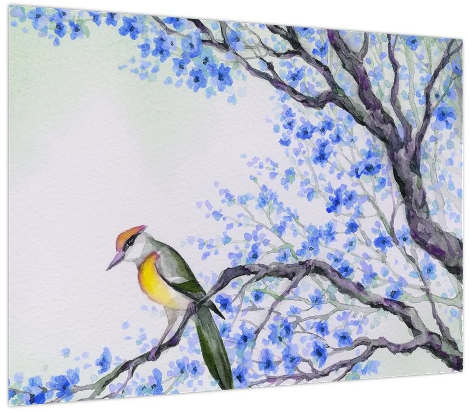 Obraz - ptak na drzewie z niebieskimi kwiatami (70x50 cm)